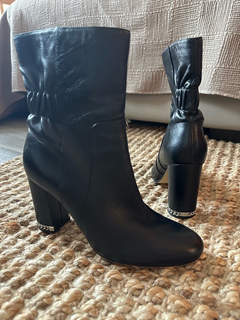 Michael Kors Black Mid-Calf Block Heel Boots With Chain Trim
